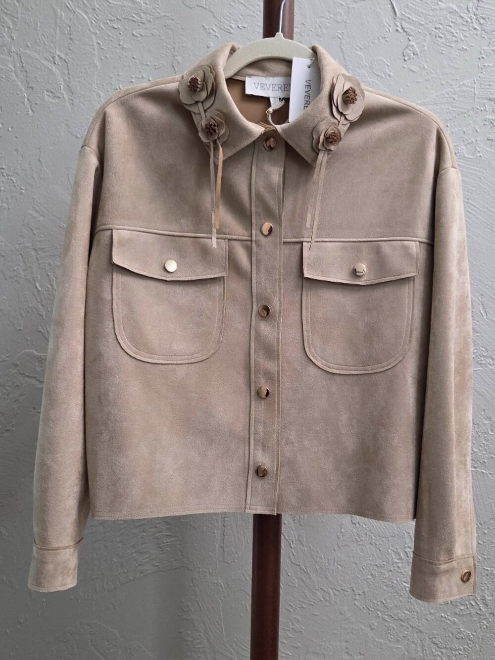 J24. Faux Suede Floral Collar Shacket